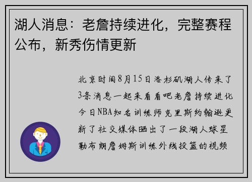 湖人消息：老詹持续进化，完整赛程公布，新秀伤情更新
